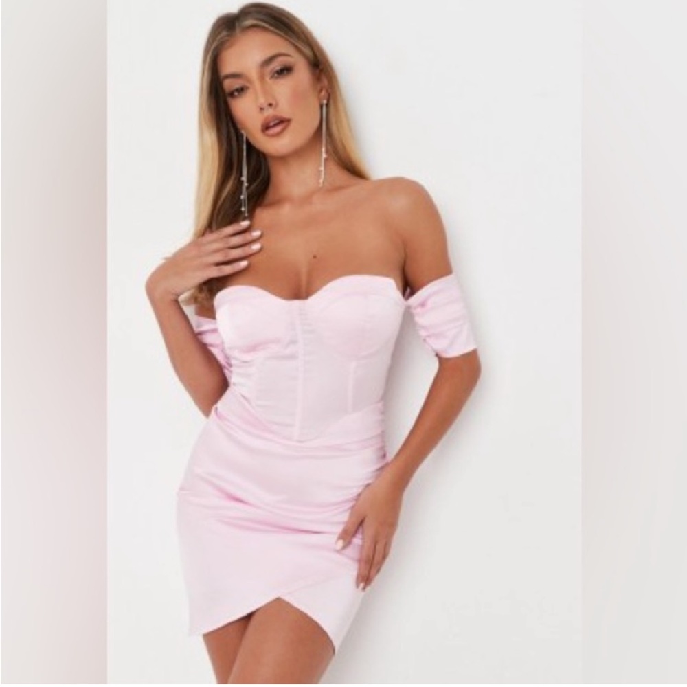 Missguided pink satin Bardot bust cup detail mini dress